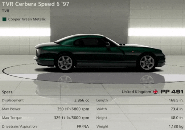 TVR Cerbera Speed six Gran Turismo 6 PS3 showroom rotating